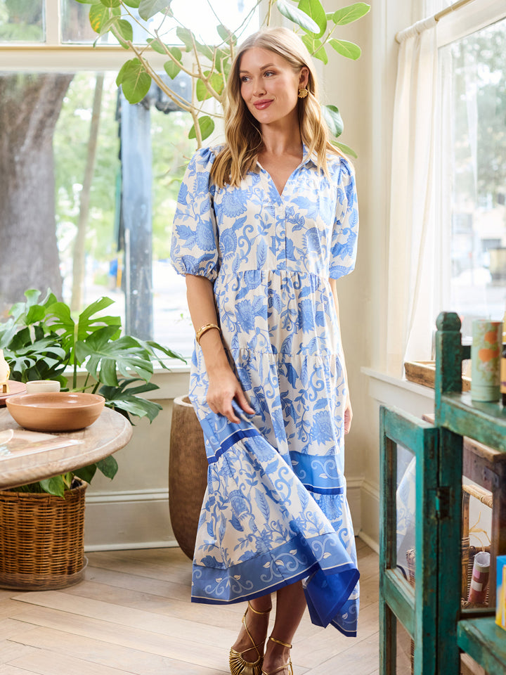 white christmas dresses Floral Linen Maxi Dress - Pleated Waist, Elbow Sleeves main image 0