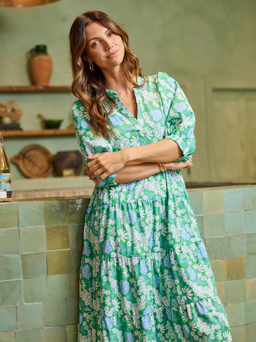 green emerald velvet dress Green And White Printed Button Up Long Sleeve Midi Dress – AX Paris main image 0