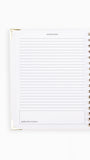 A white lined notepad page from an open spiral-bound planner, shown against a clean white background. The page has horizontal lines, a blank top section, and a bottom box labeled 'application & prayer'.