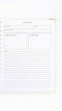 An open spiral-bound notebook or planner showing a clean white page with lined writing space and labeled boxes for sermon notes, speaker, date, scripture reference, and key references.