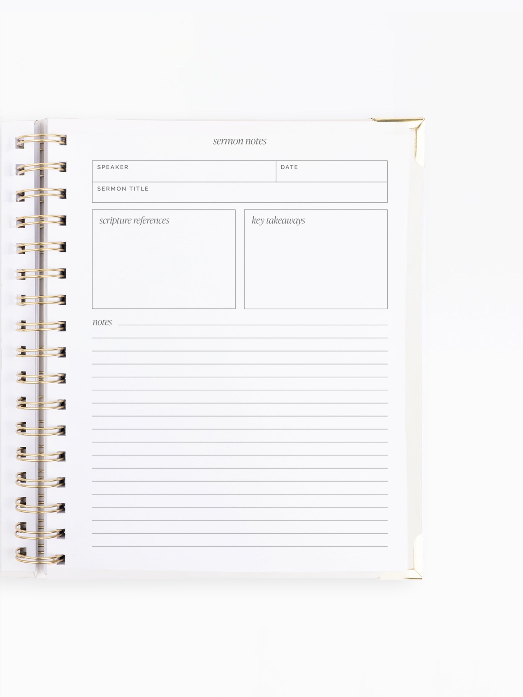 An open spiral-bound notebook or planner showing a clean white page with lined writing space and labeled boxes for sermon notes, speaker, date, scripture reference, and key references.