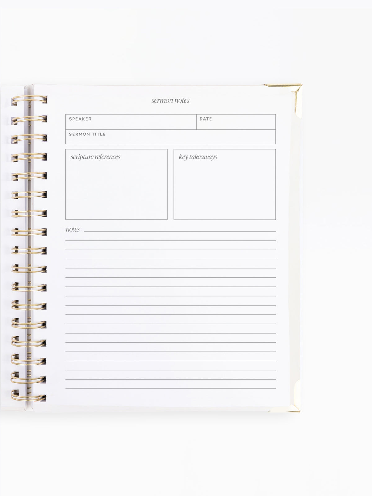 An open spiral-bound notebook or planner showing a clean white page with lined writing space and labeled boxes for sermon notes, speaker, date, scripture reference, and key references.