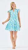 Woman wearing a floral dress on a white background