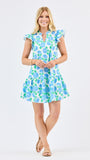 Woman wearing a floral dress on a white background
