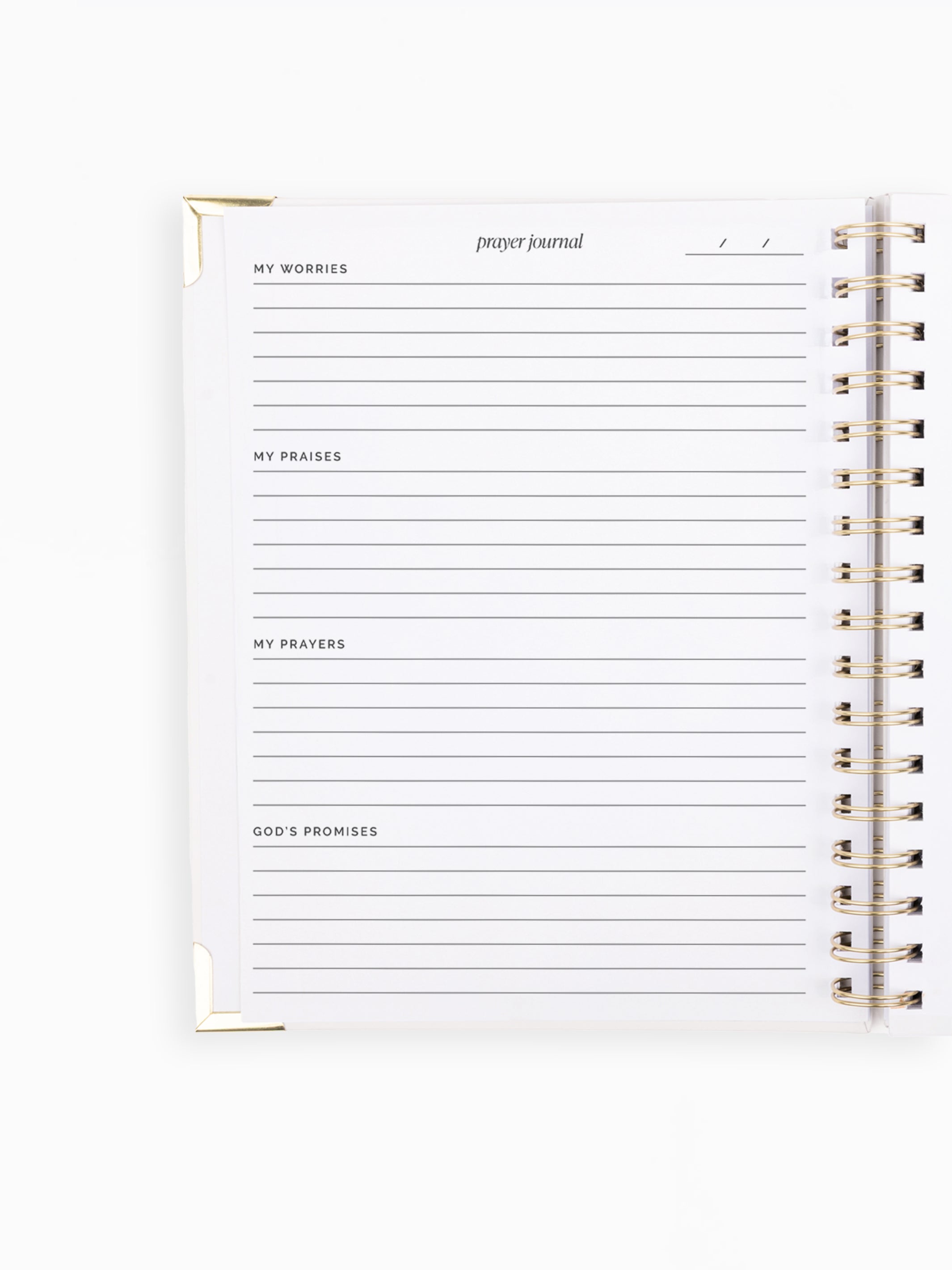 An open spiral-bound prayer journal with lined pages for writing, shown on a clean white background. The pages are white with black text and gold-toned spiral binding.